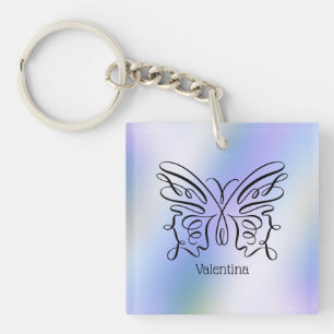 Porte-clefs Papillon bleu violet Holographique Nom du monogram