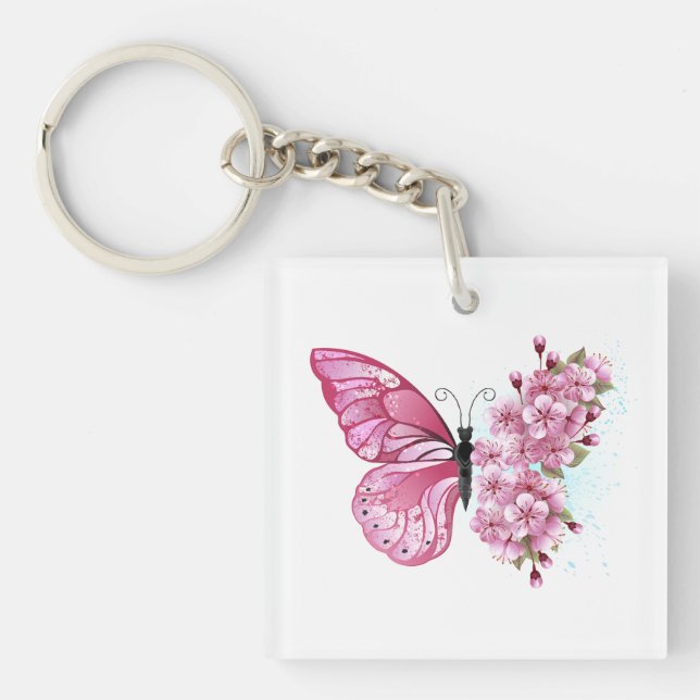 Porte-clefs Papillon de fleurs avec Sakura rose (Devant)