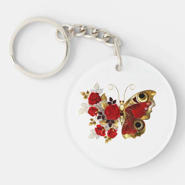 Porte-clefs Papillon de fleurs rouges aux roses rouges (Devant)