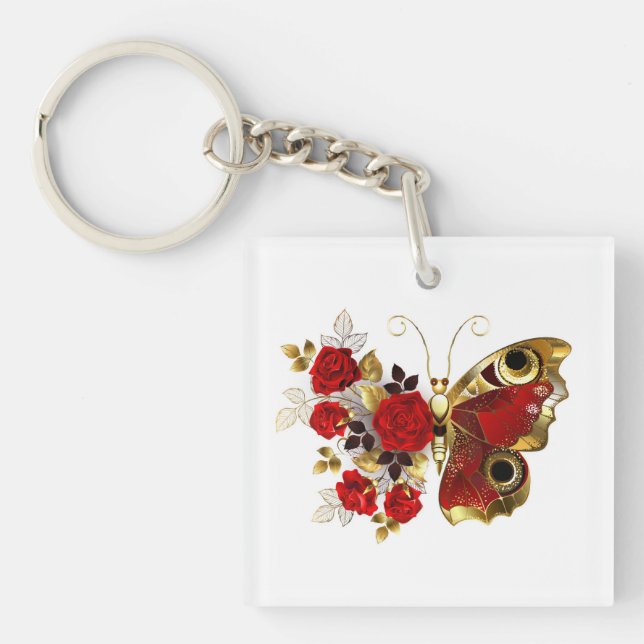 Porte-clefs Papillon de fleurs rouges aux roses rouges (Devant)