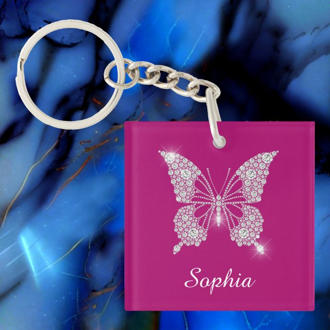 Porte-clefs Papillon Diamant Blanc, Nom en écriture, Fuchsia P (Créateur téléchargé)