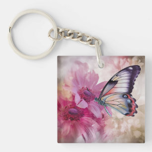 Porte-clefs Papillon Dreamy aux fleurs roses