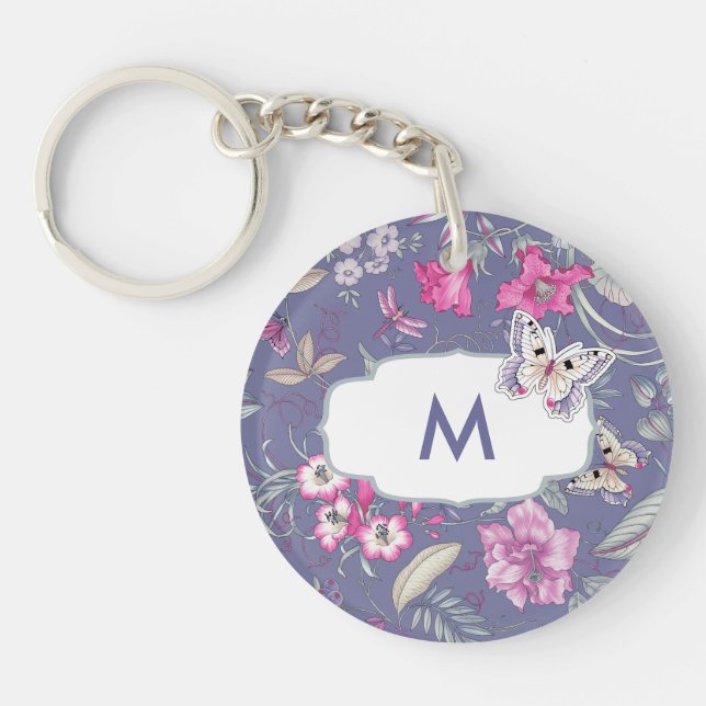 Porte-clefs Papillon et fleurs Cadeau Monogramme personnalisé (Devant)