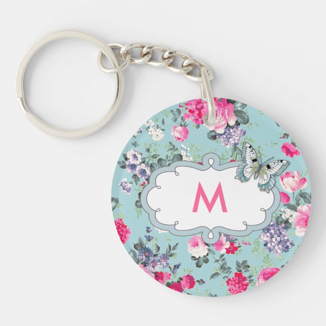 Porte-clefs Papillon et Rose cadeau Monogramme personnalisé (Devant)