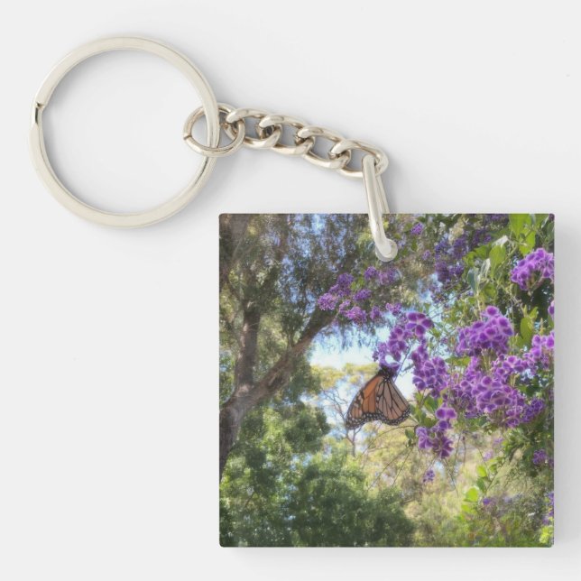 Porte-clefs Papillon Monarque sur Fleurs Violettes (Devant)