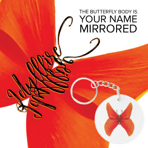 Porte-clefs Papillon rouge orange avec votre nom