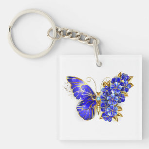 Porte-clefs Papillon saphir à fleurs