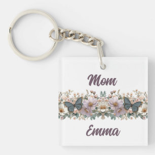 Porte-clefs Papillon vert et floral vintage pour maman