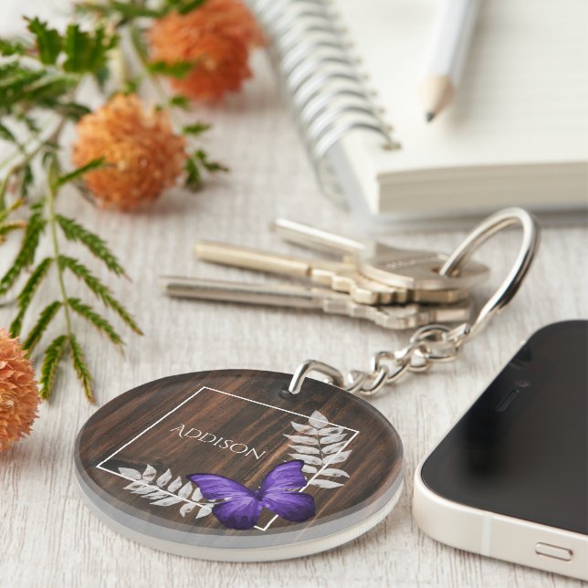 Porte-clefs Papillon violet rustique Porte - clé personnalisé (Devant droit)