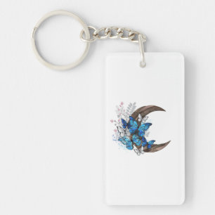 Porte-clefs Papillons bleus sur croissant en bois