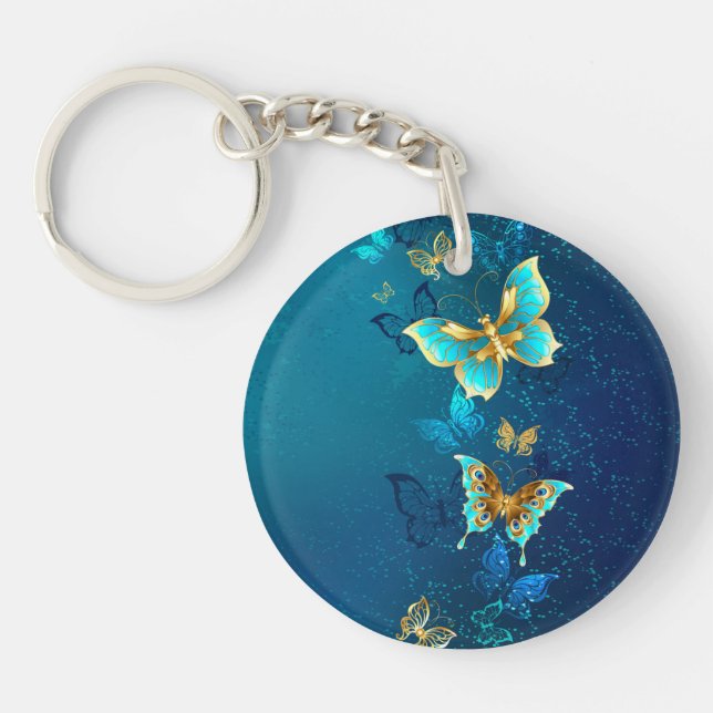 Porte-clefs Papillons dorés sur fond bleu (Devant)