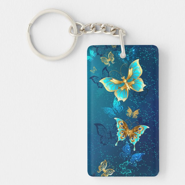 Porte-clefs Papillons dorés sur fond bleu (Devant)