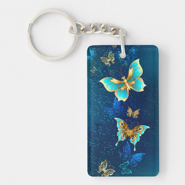 Porte-clefs Papillons dorés sur fond bleu (Devant)