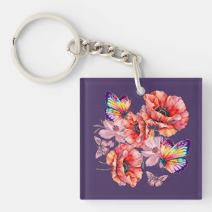 Porte-clefs Papillons et fleurs de pavot