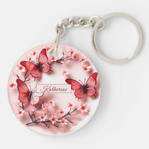 Porte-clefs Papillons rouges roses Fleurs de cerisiers