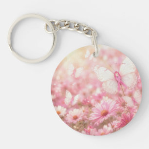 Porte-clefs Papillons Ruban Rose dans un Jardin