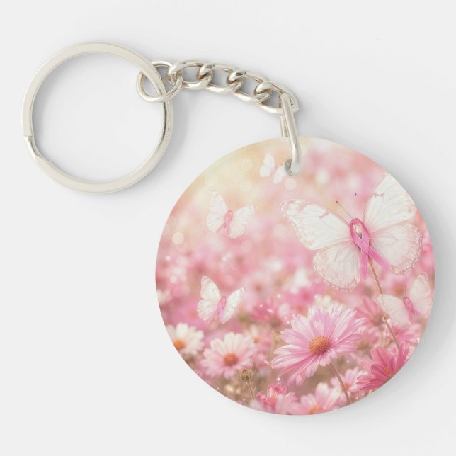 Porte-clefs Papillons Ruban Rose dans un Jardin (Devant)