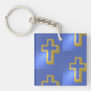 Porte-clefs Pâques or chrétien Croix religieuse Motif bleu