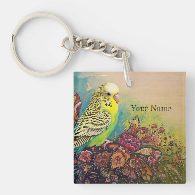 Porte-clefs Parakeet aux fleurs d'art populaire (Devant)