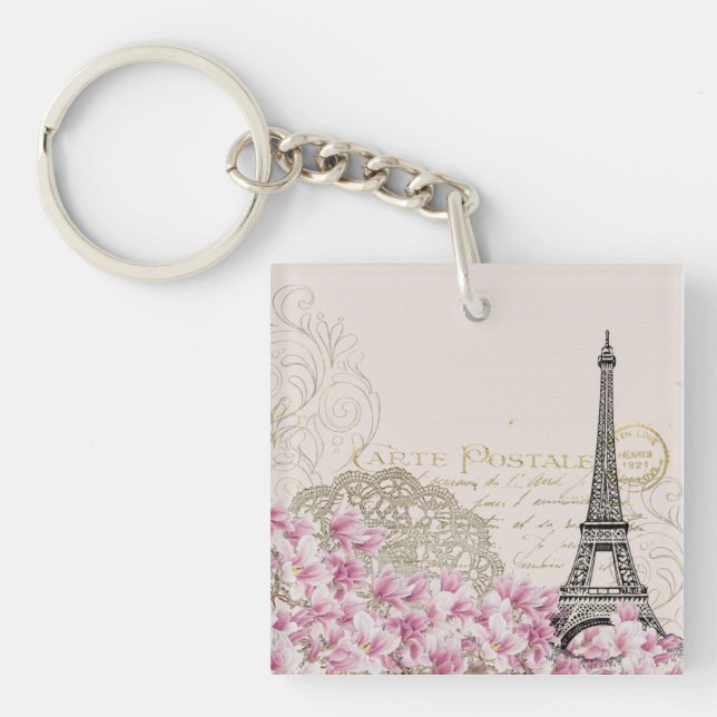 Porte-clefs Paris France Design avec Roses roses roses Eiffel (Devant)