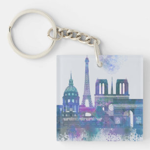 Porte-clefs Paris Skyline - Aquarelle bleu