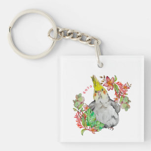 Porte-clefs Parrot Corella mignonne dans les fleurs tropicales