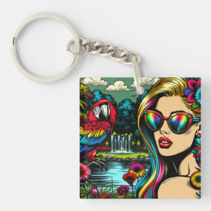 Porte-clefs Parrot mignonne et belle femme dans le jardin