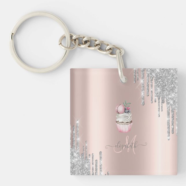 Porte-clefs Parties scintillant argent Rose Monogramme  Cupcak (Devant)