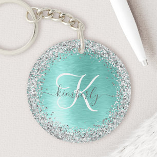 Porte-clefs Parties scintillant argentée turquoise en métal br