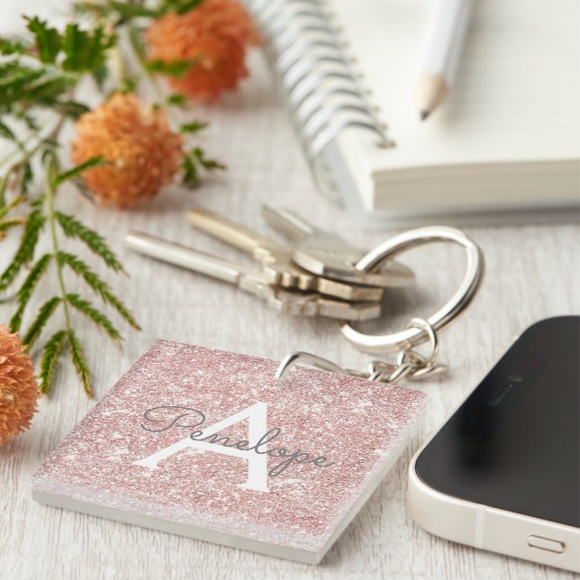Porte-clefs Parties scintillant et monogramme rose or rose (Devant Droit)