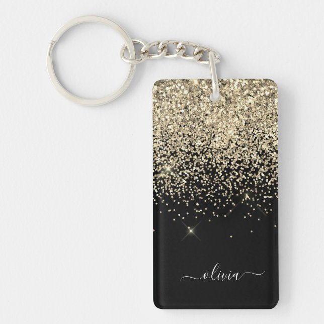 Porte-clefs Parties scintillant Noir Or Script Monogramme Nom  (Devant)