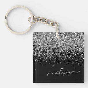 Porte-clefs Parties scintillant noire argent Script Monogramme