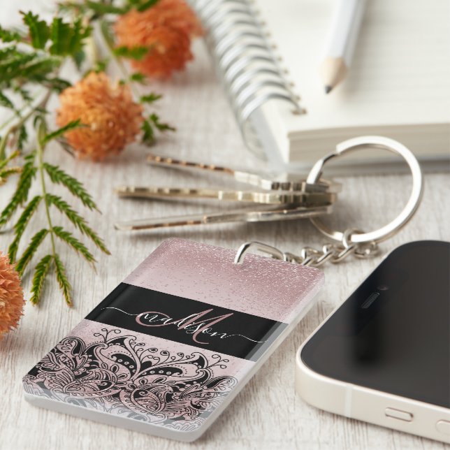 Porte-clefs Parties scintillant or Rose Monogramme (Devant droit)