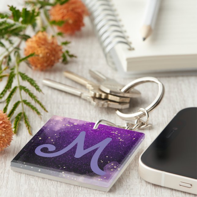 Porte-clefs parties scintillant violet foncé monogrammé (Devant Droit)