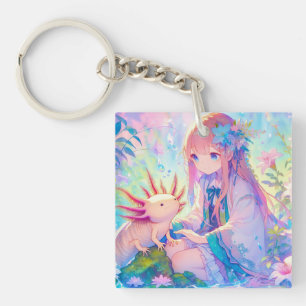 Porte-clefs Pastel Anime Girl et un Axolotl Personnalisé