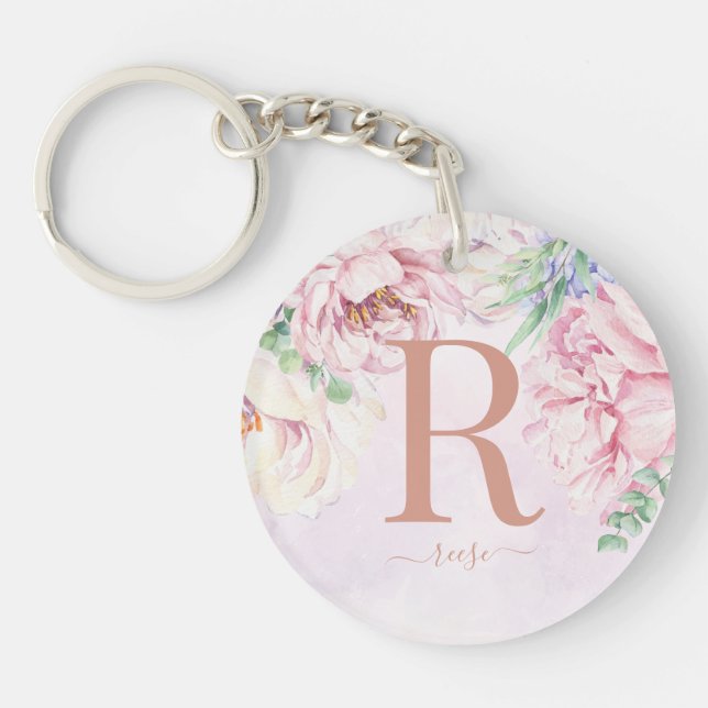 Porte-clefs Pastel Aquarelle Florale Monogramme Photo (Devant)