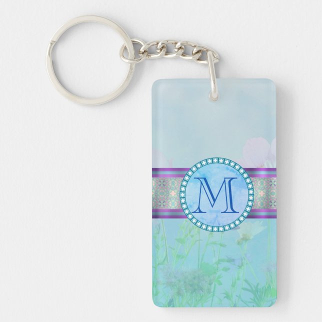 Porte-clefs Pastel Blue Floral Monogramme (Devant)