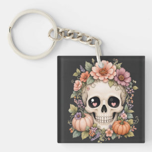 Porte-clefs Pastel Cute Crâne PNG Coquette Fleurs d'Automne