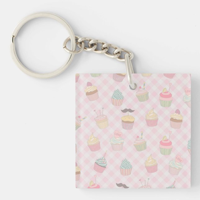 Porte-clefs Pastel Pink Gingham Cute Cupcakes Pattern (Devant)
