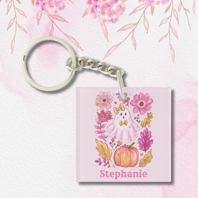 Porte-clefs Pastel Pink Halloween Ghost with Custom Name (Créateur téléchargé)