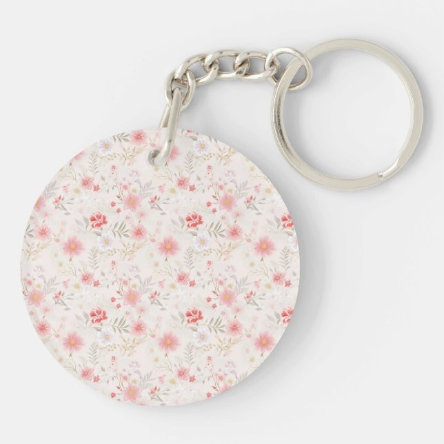 Porte-clefs Pastel Pink Red White Flowers Pattern Two-sided (Dos)