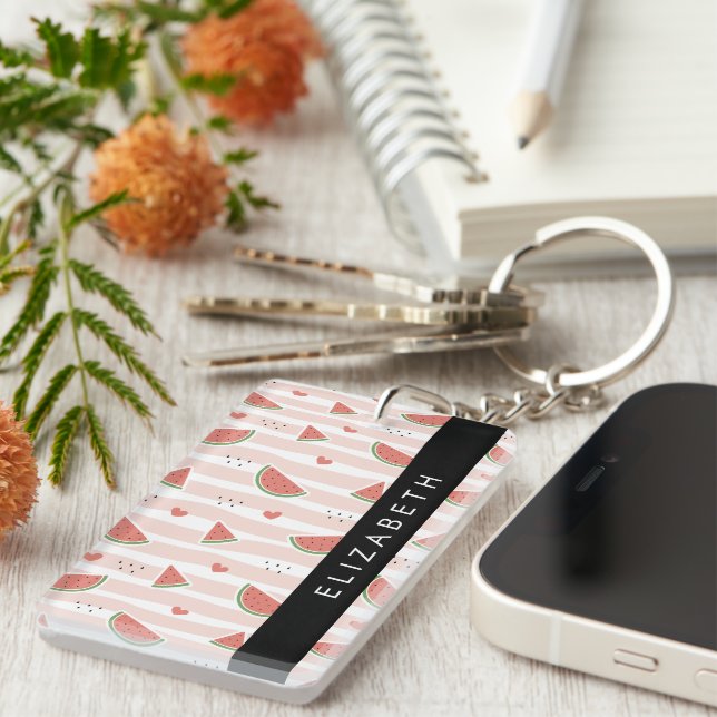 Porte-clefs Pastèques Rouges, Coeurs, Bandes, Votre Nom (Devant droit)