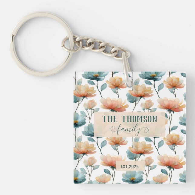 Porte-clefs Patrimoine familial floral aquarelle vintage (Devant)