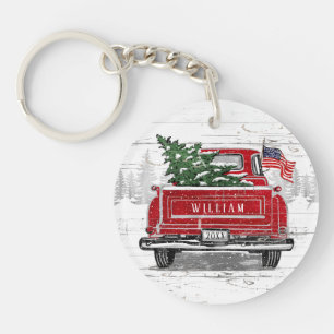 Porte-clefs Patriotique Noël Vintage Rouge Truck Drapeau Rusti