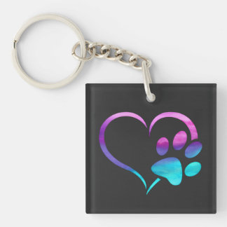 Porte-clefs Patte de chien cyan violet Cœur Imprimé