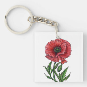 Porte-clefs Pavot rouge, aquarelle et encre