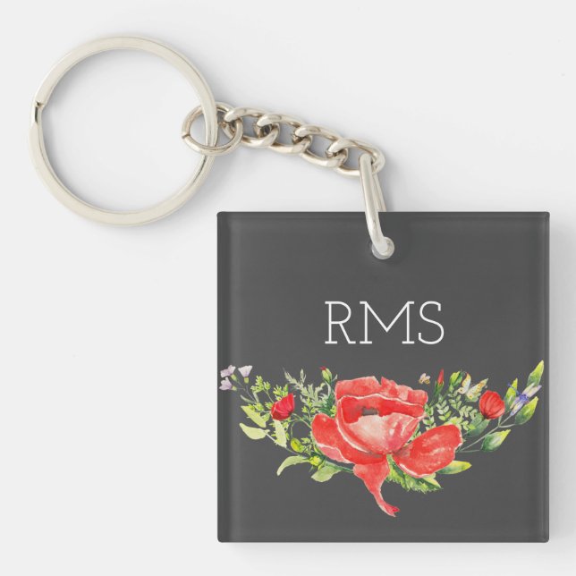 Porte-clefs Pavot rouge sur gris Monogramme personnalisable (Devant)