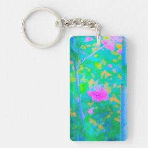 Porte-clefs Paysage bleu impressionniste avec fleurs roses