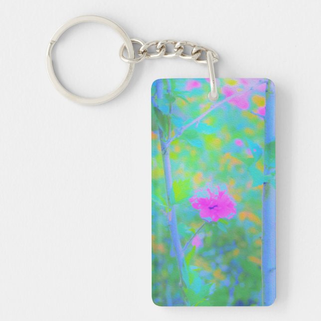 Porte-clefs Paysage bleu impressionniste avec fleurs roses (Devant)