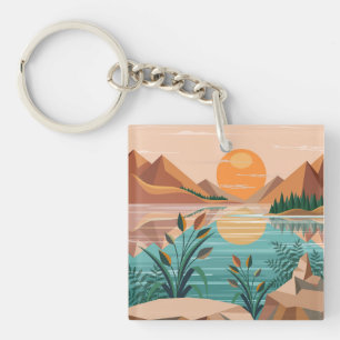 Porte-clefs Paysage de coucher de soleil sur un lac de montagn